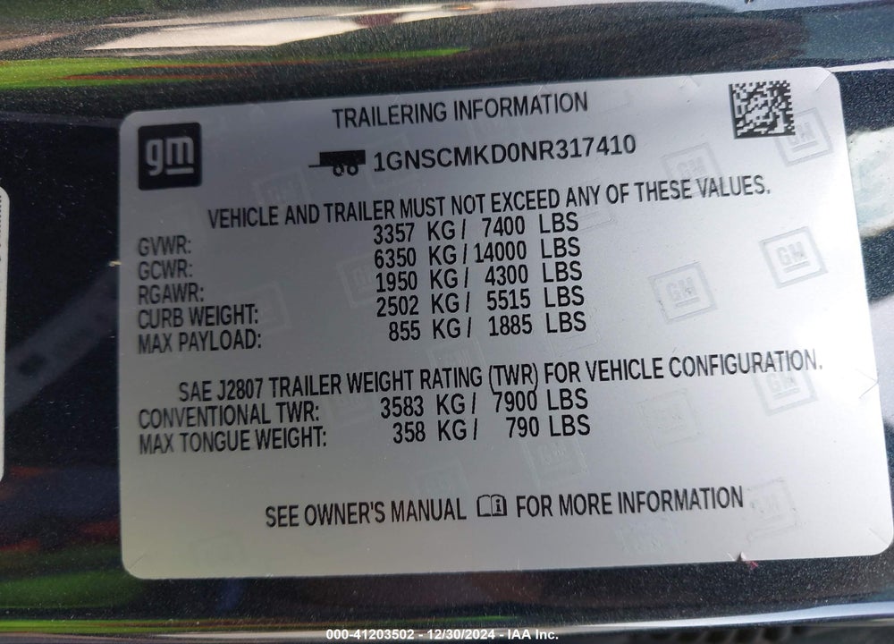2022 CHEVROLET TAHOE 2WD LS VIN: 1GNSCMKD0NR317410