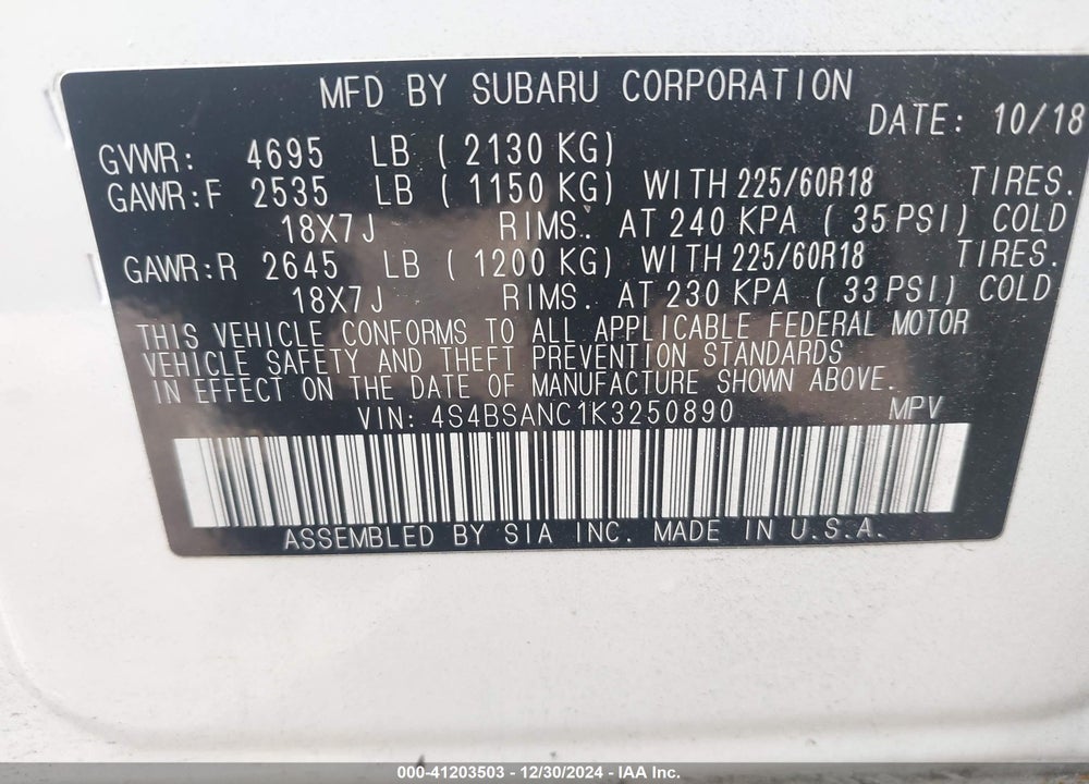 2019 SUBARU OUTBACK 2.5I LIMITED VIN: 4S4BSANC1K3250890