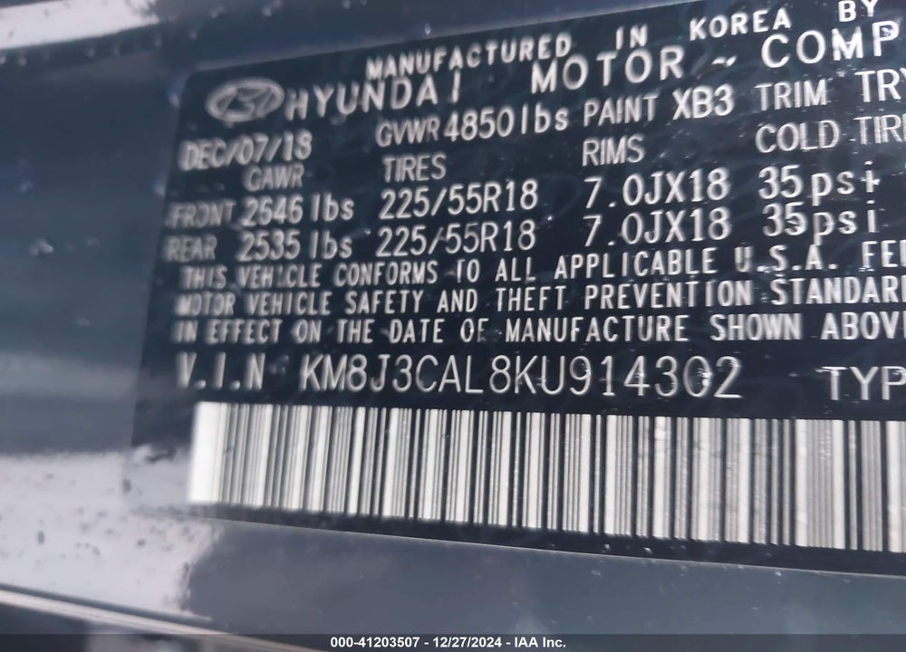 2019 HYUNDAI TUCSON LIMITED VIN: KM8J3CAL8KU914302