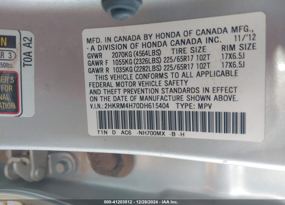 2013 HONDA CR-V VIN: 2HKRM4H70DH615404