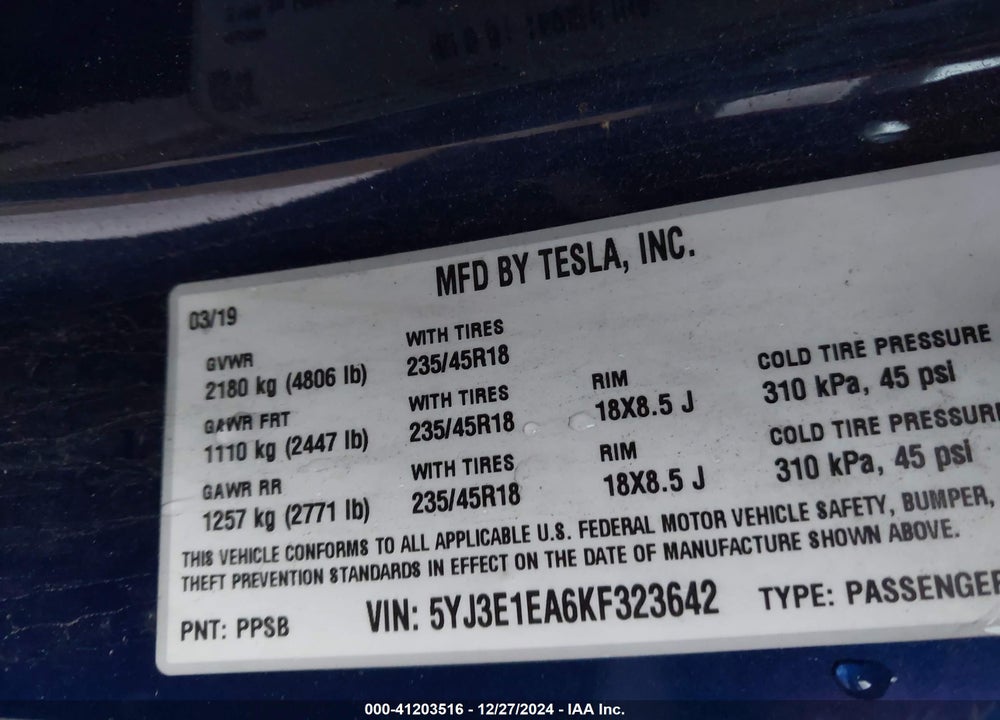 2019 TESLA MODEL 3 VIN: 5YJ3E1EA6KF323642