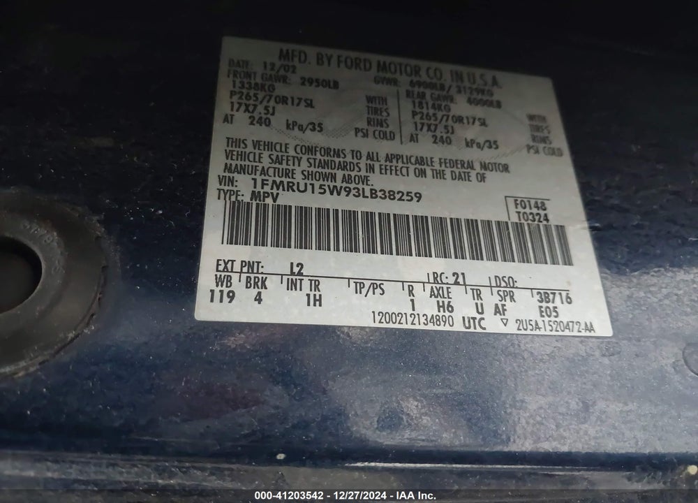2003 FORD EXPEDITION XLT VIN: 1FMRU15W93LB38259