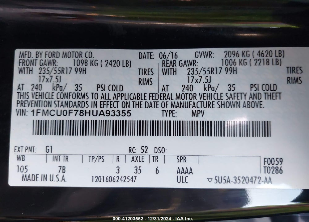2017 FORD ESCAPE S VIN: 1FMCU0F78HUA93355