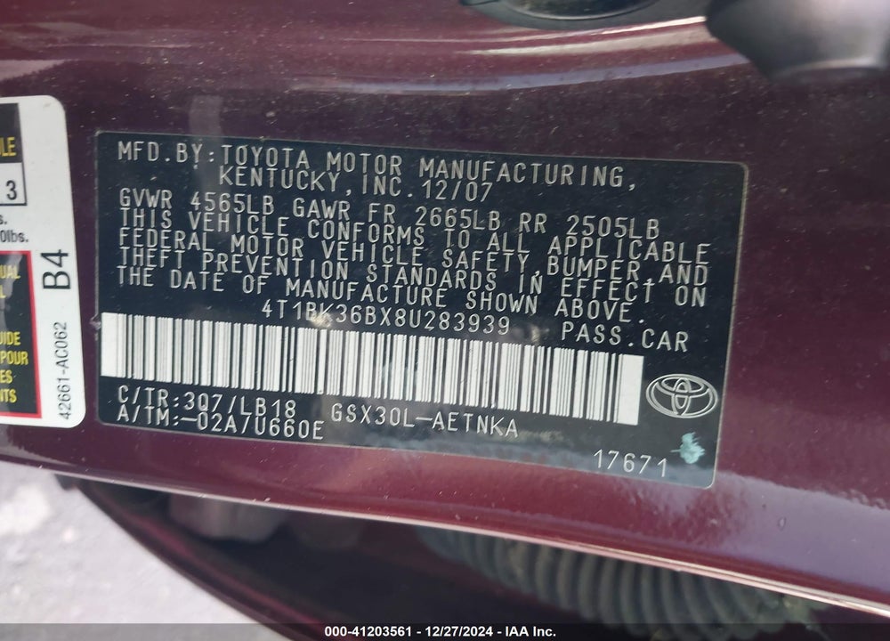 2008 TOYOTA AVALON TOURING VIN: 4T1BK36BX8U283939