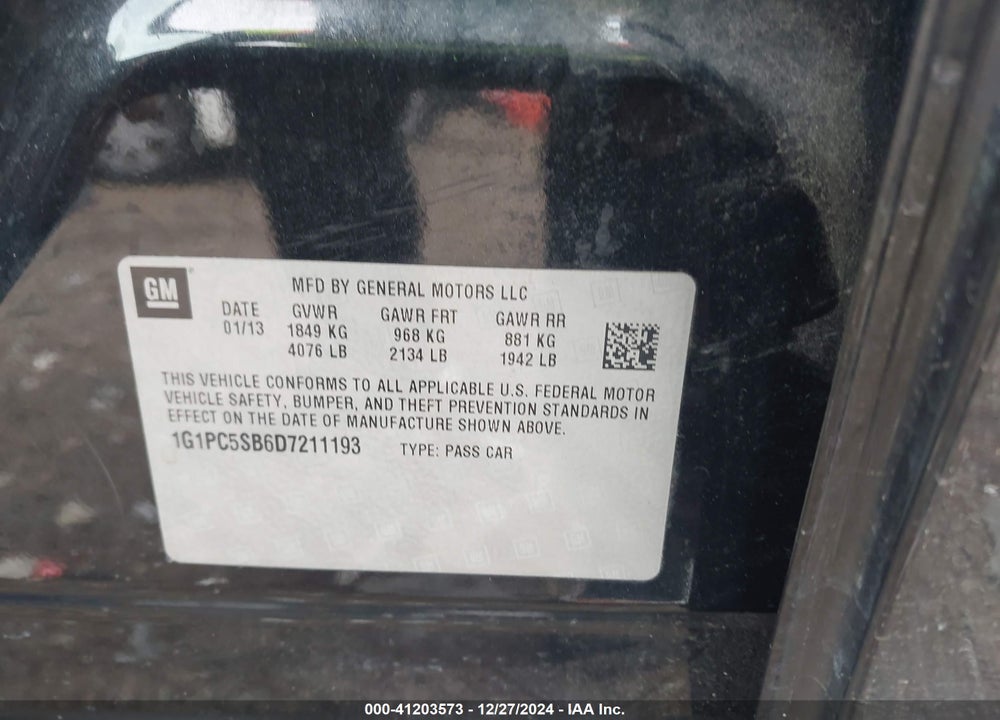 2013 CHEVROLET CRUZE VIN: 1G1PC5SB6D7211193