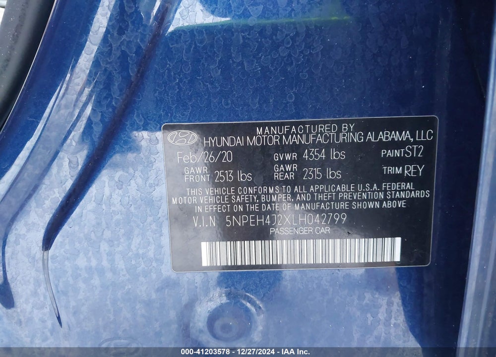 2020 HYUNDAI SONATA LIMITED VIN: 5NPEH4J2XLH042799