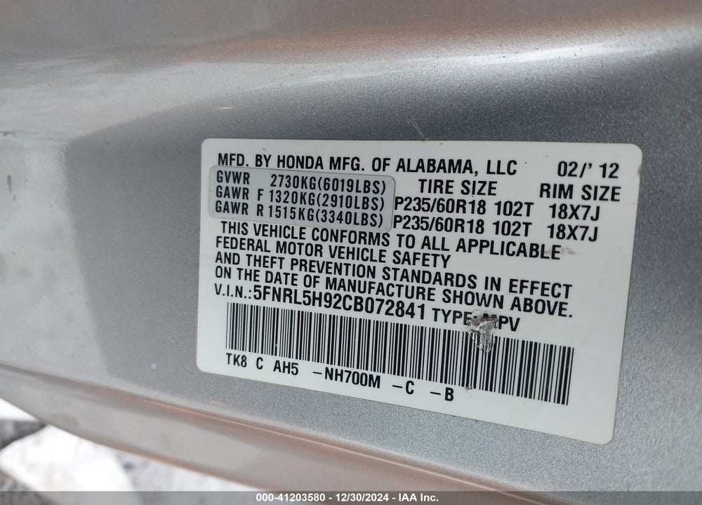 2012 HONDA ODYSSEY TOURING/TOURING ELITE VIN: 5FNRL5H92CB072841