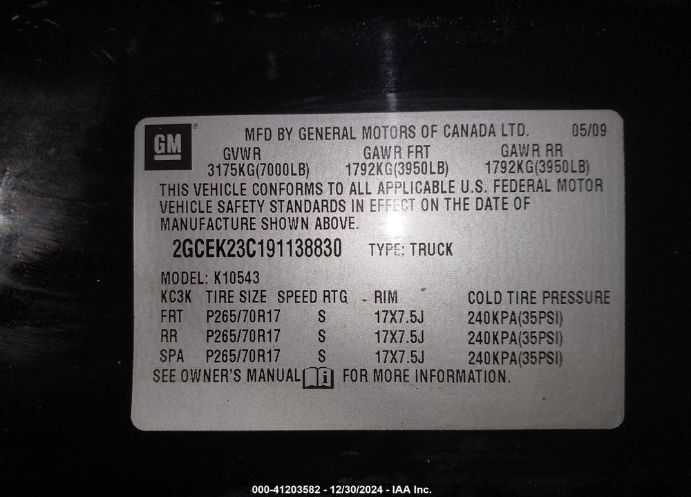 2009 CHEVROLET SILVERADO 1500 VIN: 2GCEK23C191138830