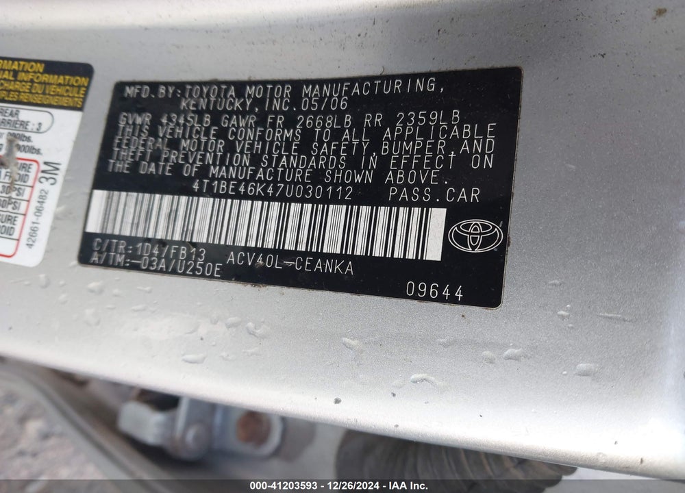 2007 TOYOTA CAMRY LE VIN: 4T1BE46K47U030112
