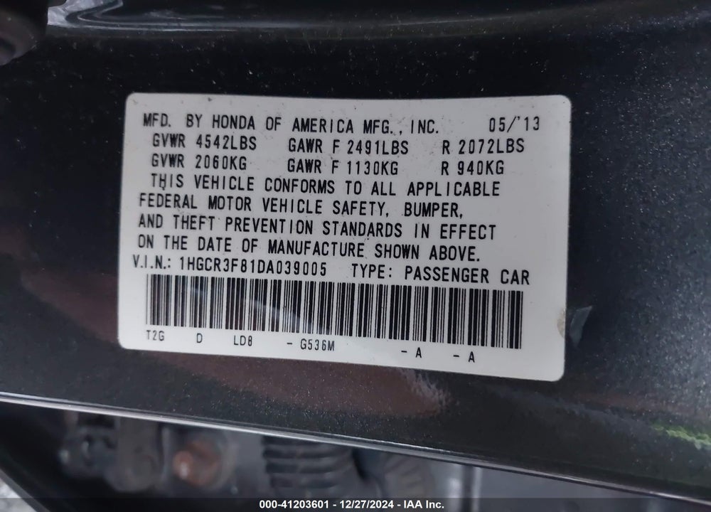 2013 HONDA ACCORD EX-L V-6 VIN: 1HGCR3F81DA039005