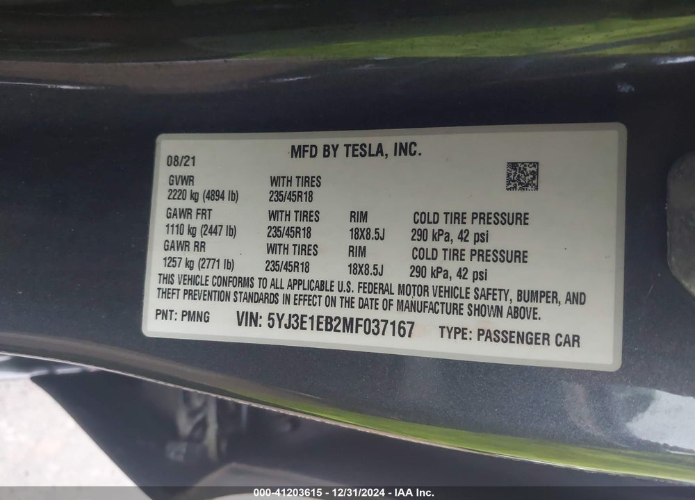 2021 TESLA MODEL 3 VIN: 5YJ3E1EB2MF037167