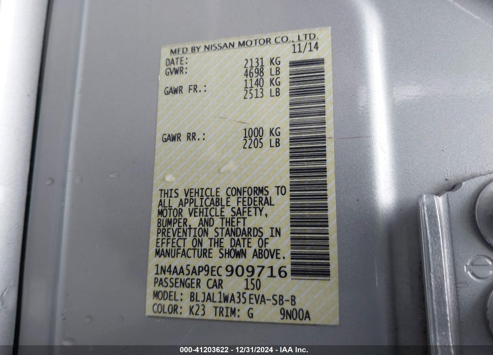 2014 NISSAN MAXIMA VIN: 1N4AA5AP9EC909716