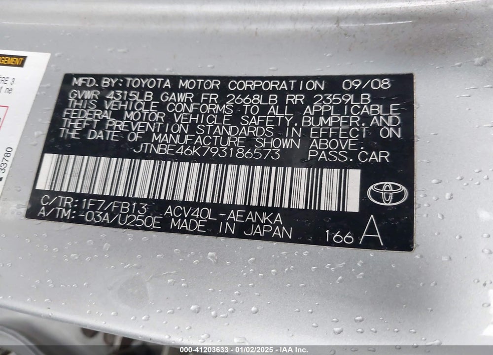 2009 TOYOTA CAMRY VIN: JTNBE46K793186573