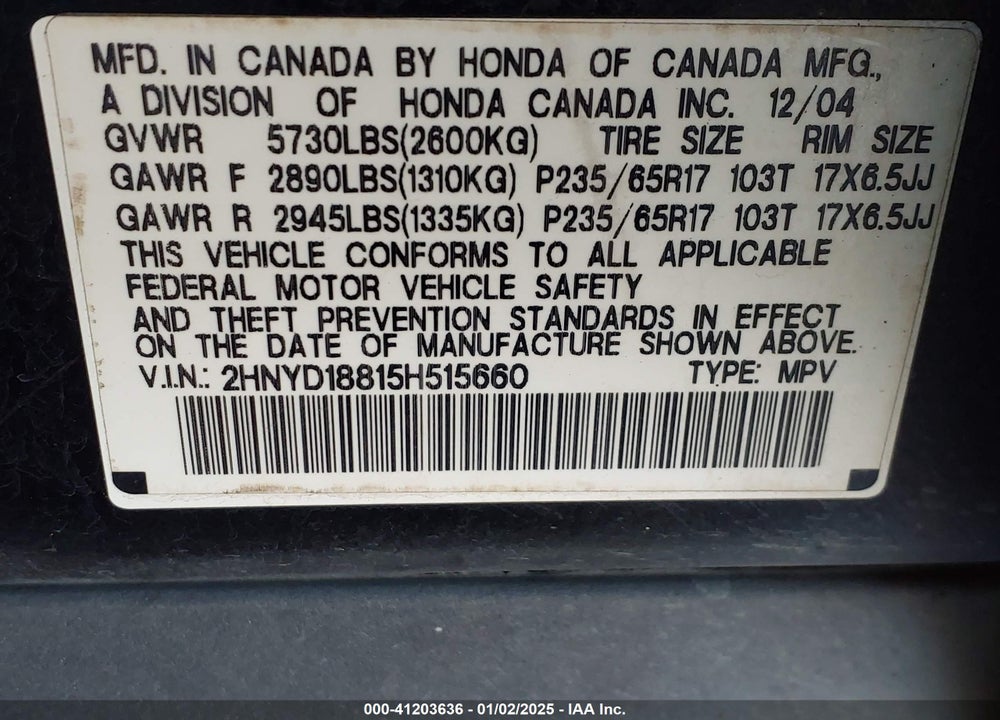 2005 ACURA MDX VIN: 2HNYD18815H515660