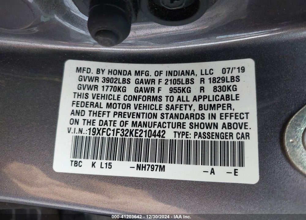 2019 HONDA CIVIC VIN: 19XFC1F32KE210442