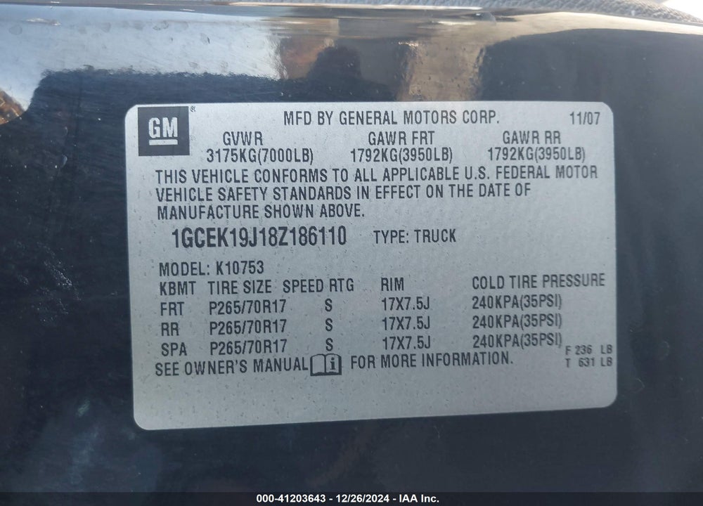 2008 CHEVROLET SILVERADO 1500 LT1 VIN: 1GCEK19J18Z186110