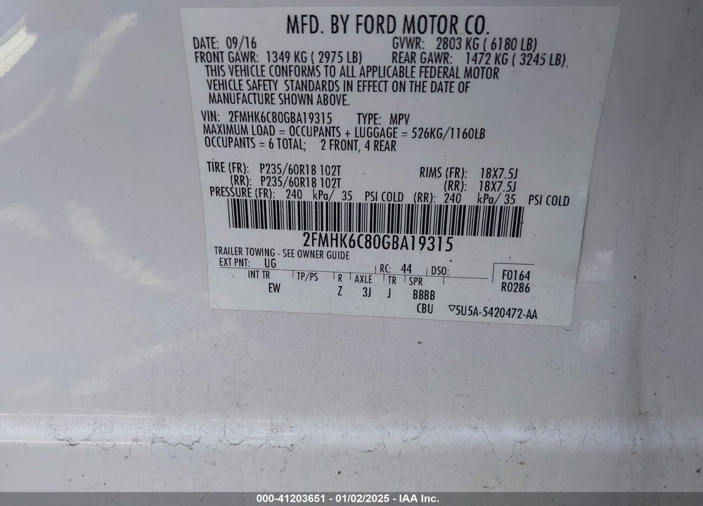 2016 FORD FLEX SEL VIN: 2FMHK6C80GBA19315