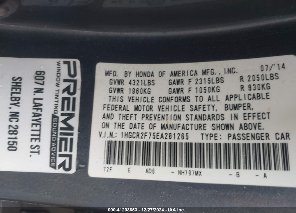 2014 HONDA ACCORD VIN: 1HGCR2F75EA281265
