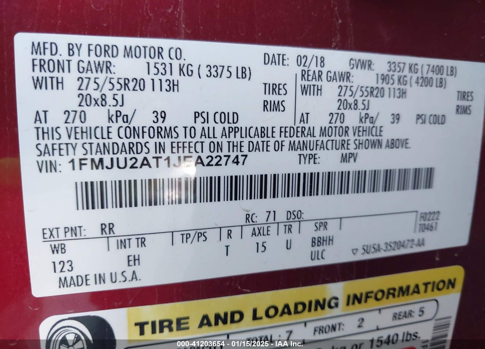 2018 FORD EXPEDITION LIMITED VIN: 1FMJU2AT1JEA22747