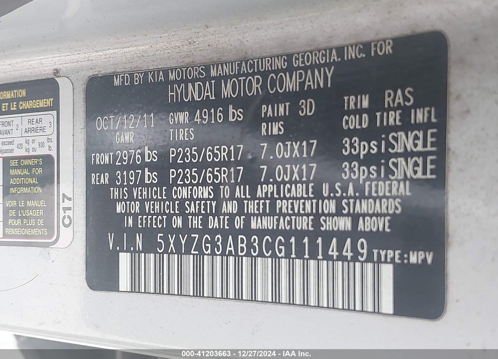 2012 HYUNDAI SANTA FE GLS VIN: 5XYZG3AB3CG111449
