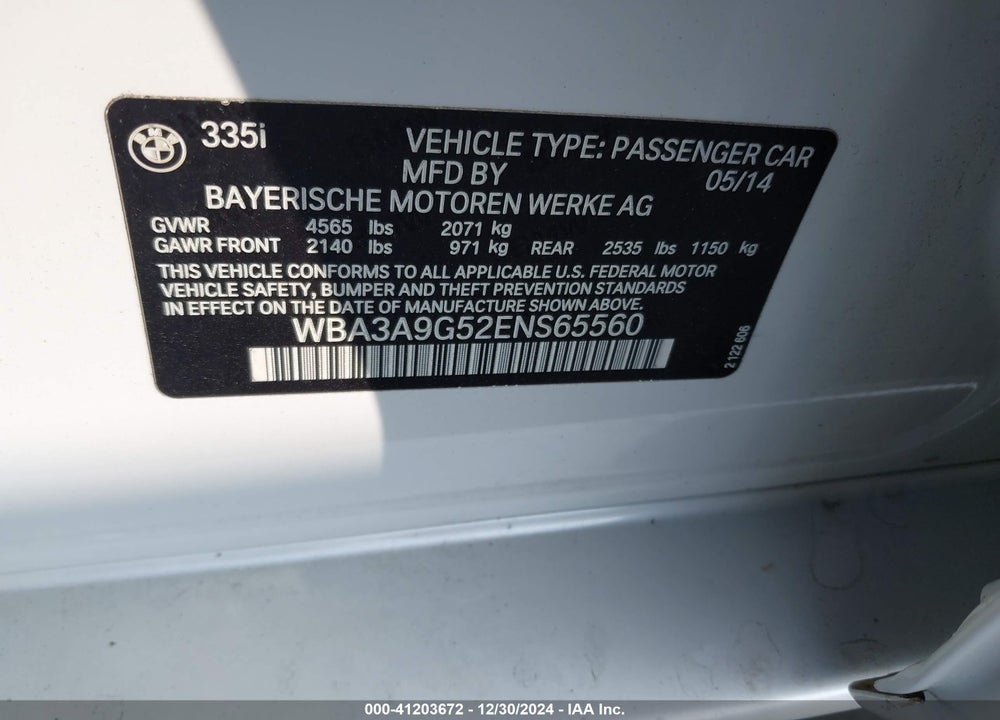 2014 BMW 335I VIN: WBA3A9G52ENS65560