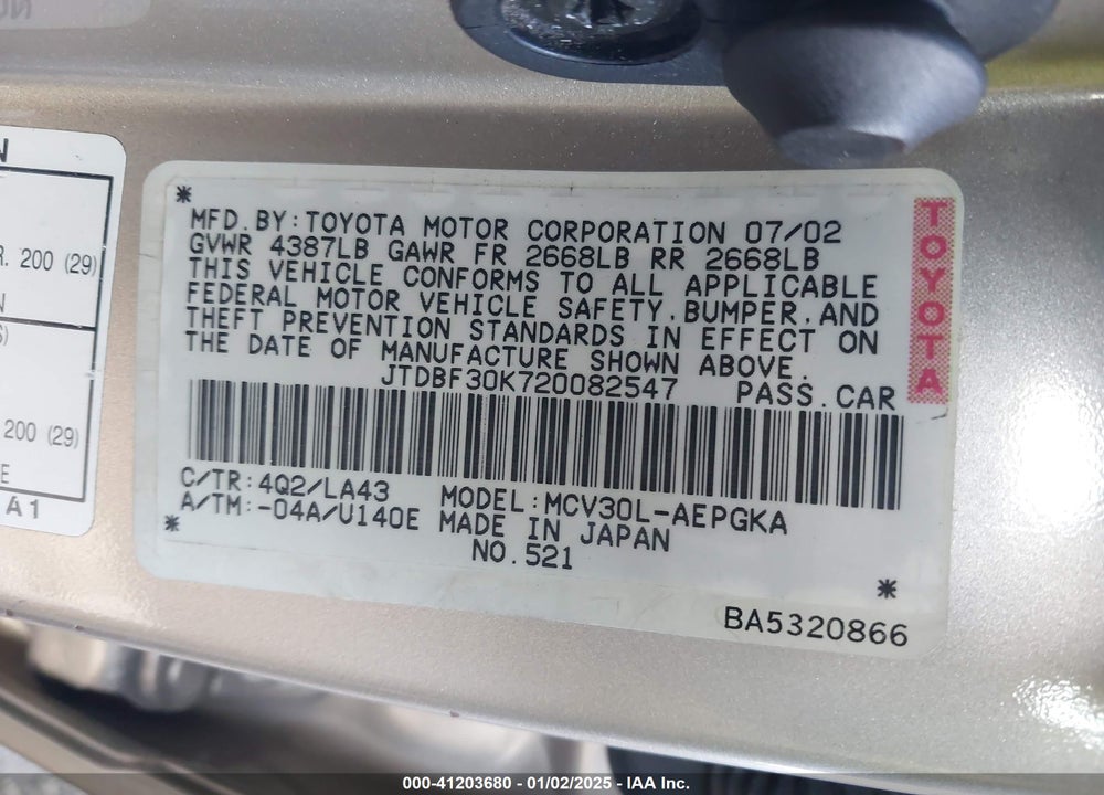2002 TOYOTA CAMRY XLE V6 VIN: JTDBF30K720082547