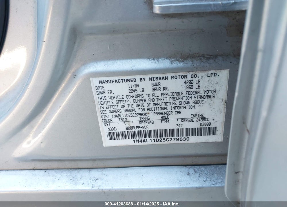 2005 NISSAN ALTIMA 2.5 S VIN: 1N4AL11D25C279630