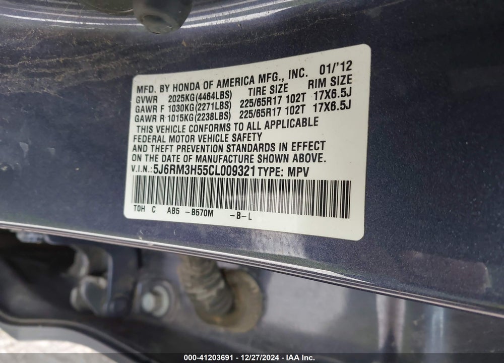 2012 HONDA CR-V EX VIN: 5J6RM3H55CL009321