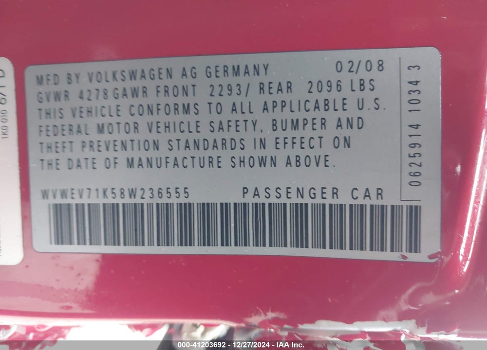 2008 VOLKSWAGEN GTI VIN: WVWEV71K58W236555
