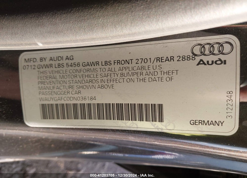 2013 AUDI A7 VIN: WAUYGAFC0DN036184