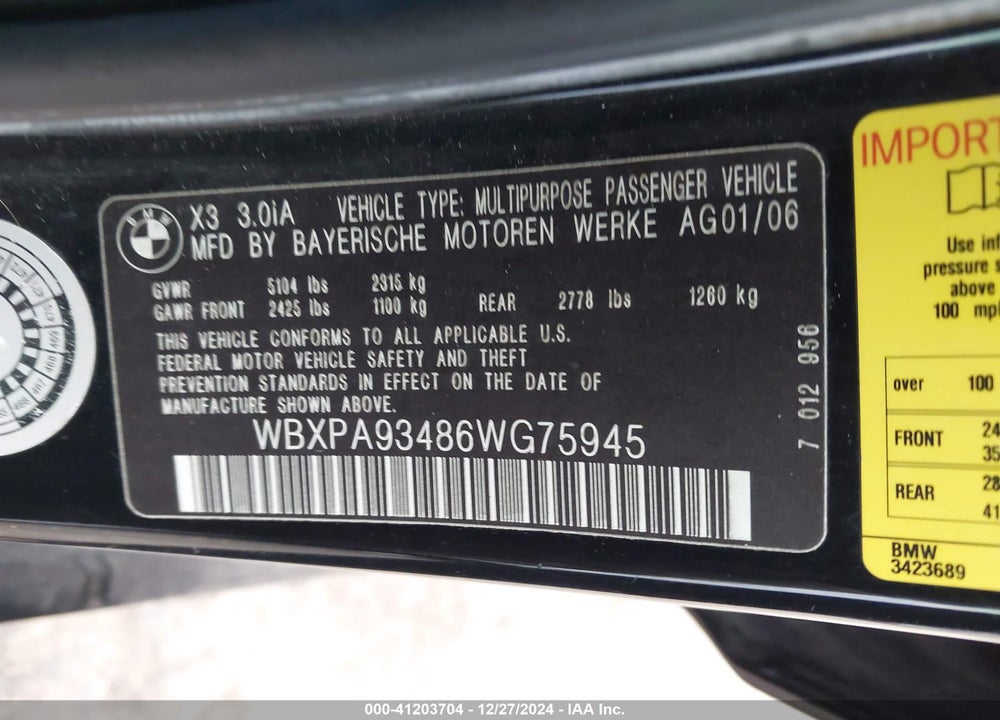 2006 BMW X3 3.0I VIN: WBXPA93486WG75945