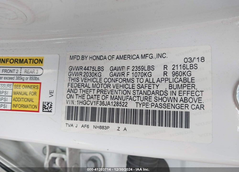 2018 HONDA ACCORD VIN: 1HGCV1F36JA128522