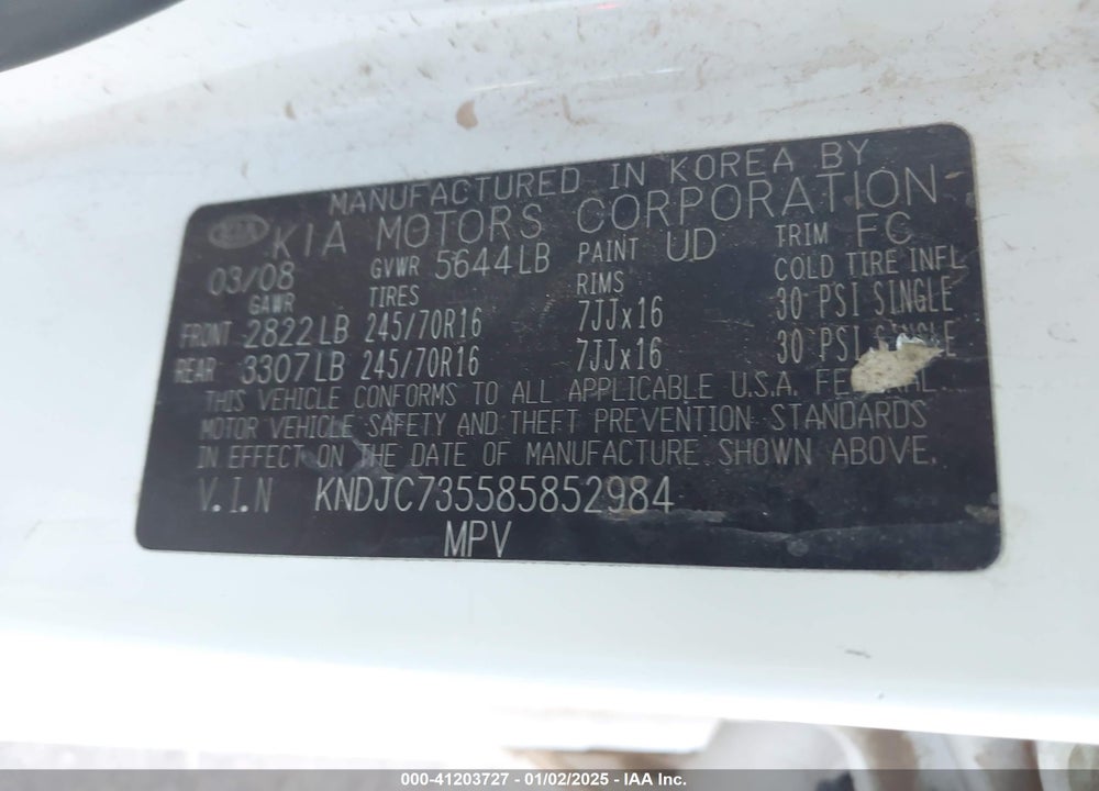 2008 KIA SORENTO LX VIN: KNDJC735585852984
