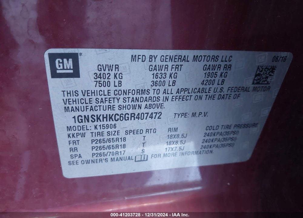 2016 CHEVROLET SUBURBAN LT VIN: 1GNSKHKC6GR407472