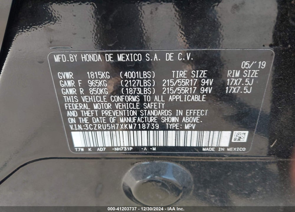2019 HONDA HR-V EX-L VIN: 3CZRU5H7XKM718739