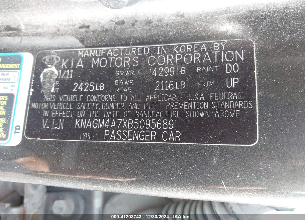 2011 KIA OPTIMA LX VIN: KNAGM4A7XB5095689