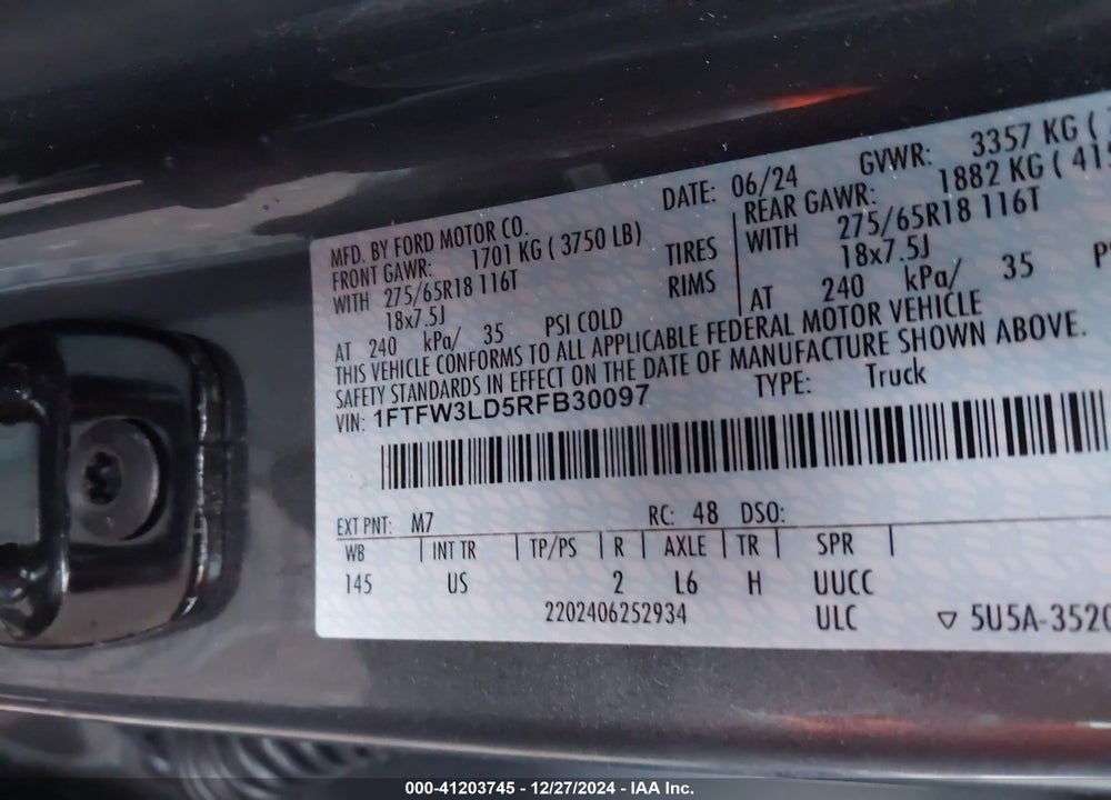 2024 FORD F-150 VIN: 1FTFW3LD5RFB30097