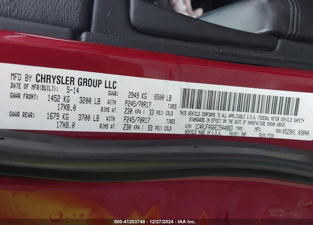 2014 JEEP GRAND CHEROKEE VIN: 1C4RJFAG6EC544883