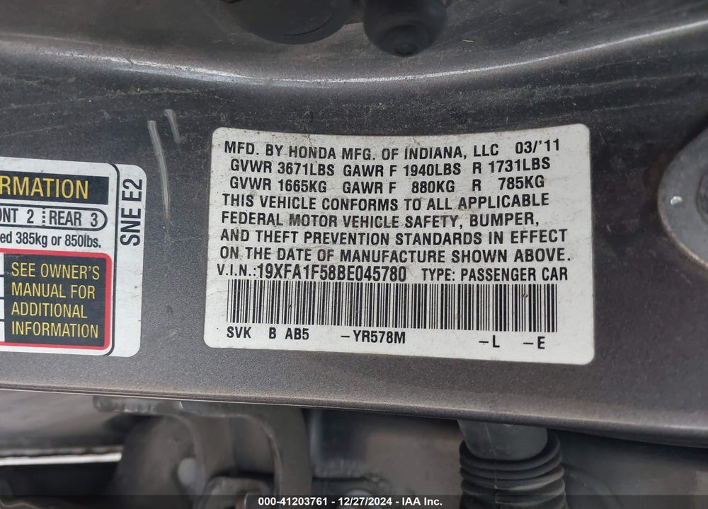 2011 HONDA CIVIC LX VIN: 19XFA1F58BE045780