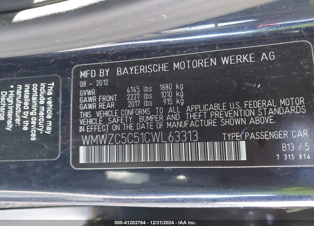 2012 MINI COOPER S COUNTRYMAN VIN: WMWZC5C51CWL63313