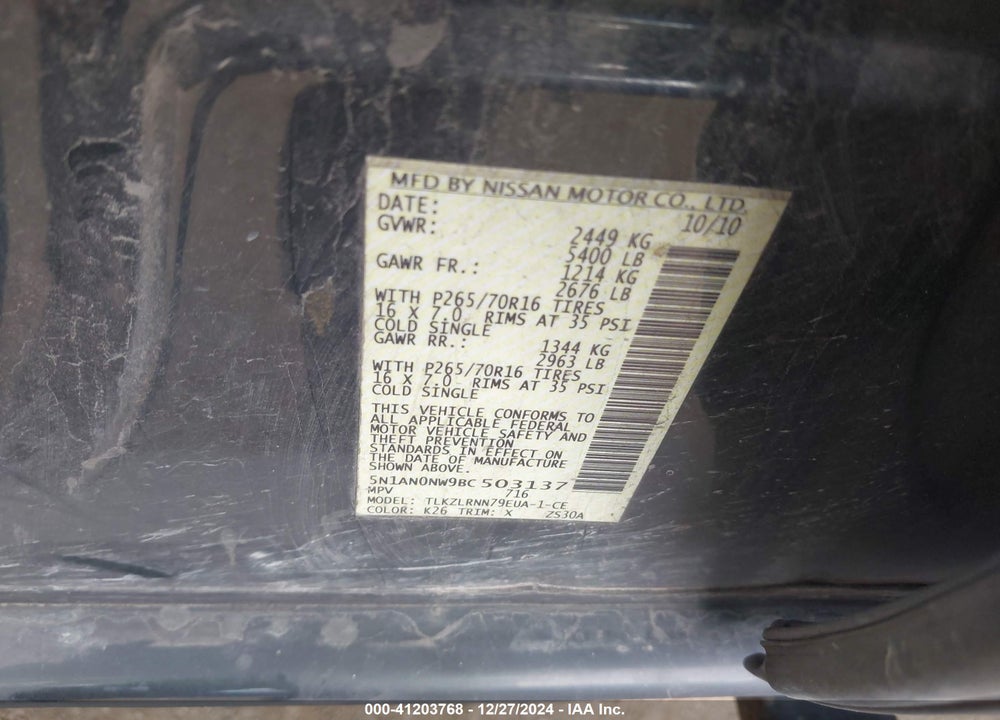 2011 NISSAN XTERRA S VIN: 5N1AN0NW9BC503137