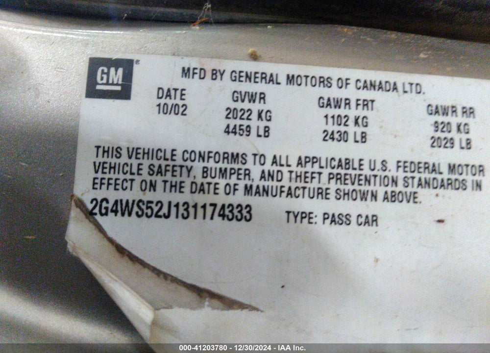 2003 BUICK CENTURY CUSTOM VIN: 2G4WS52J131174333