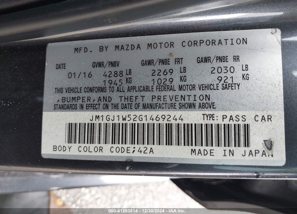 2016 MAZDA 6 VIN: JM1GJ1W52G1469244