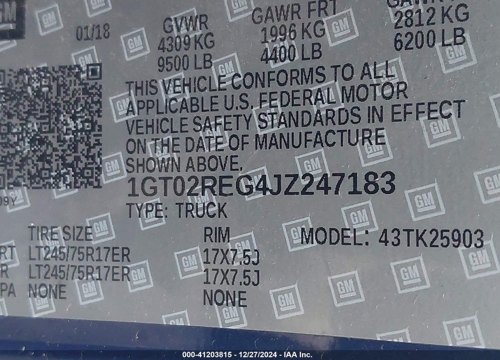 2018 GMC SIERRA 2500HD VIN: 1GT02REG4JZ247183