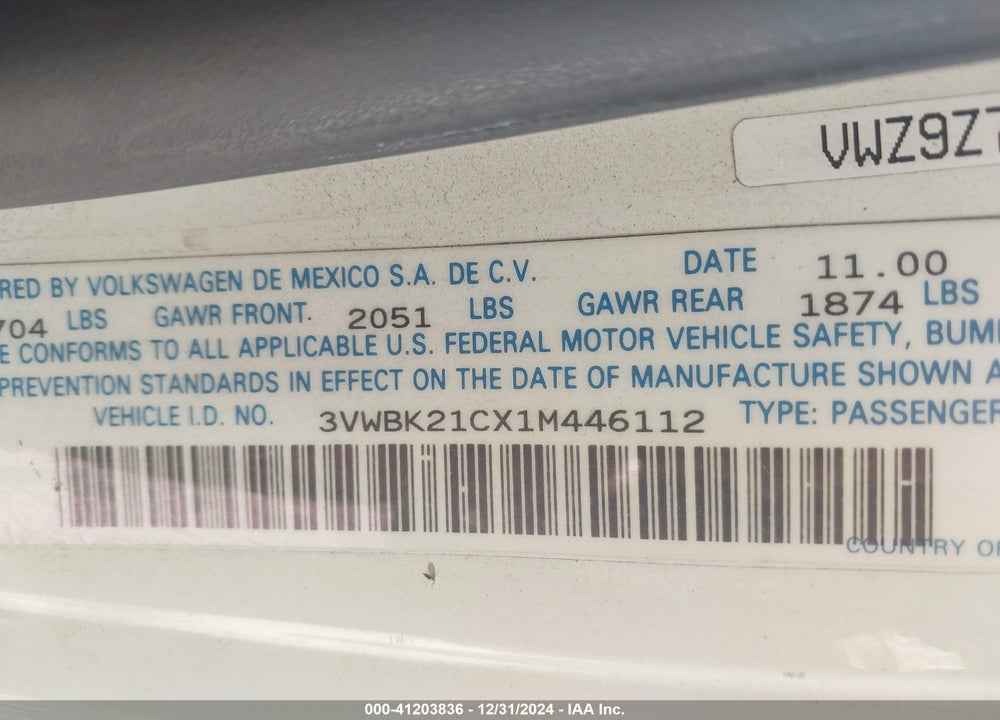 2001 VOLKSWAGEN NEW BEETLE GL VIN: 3VWBK21CX1M446112