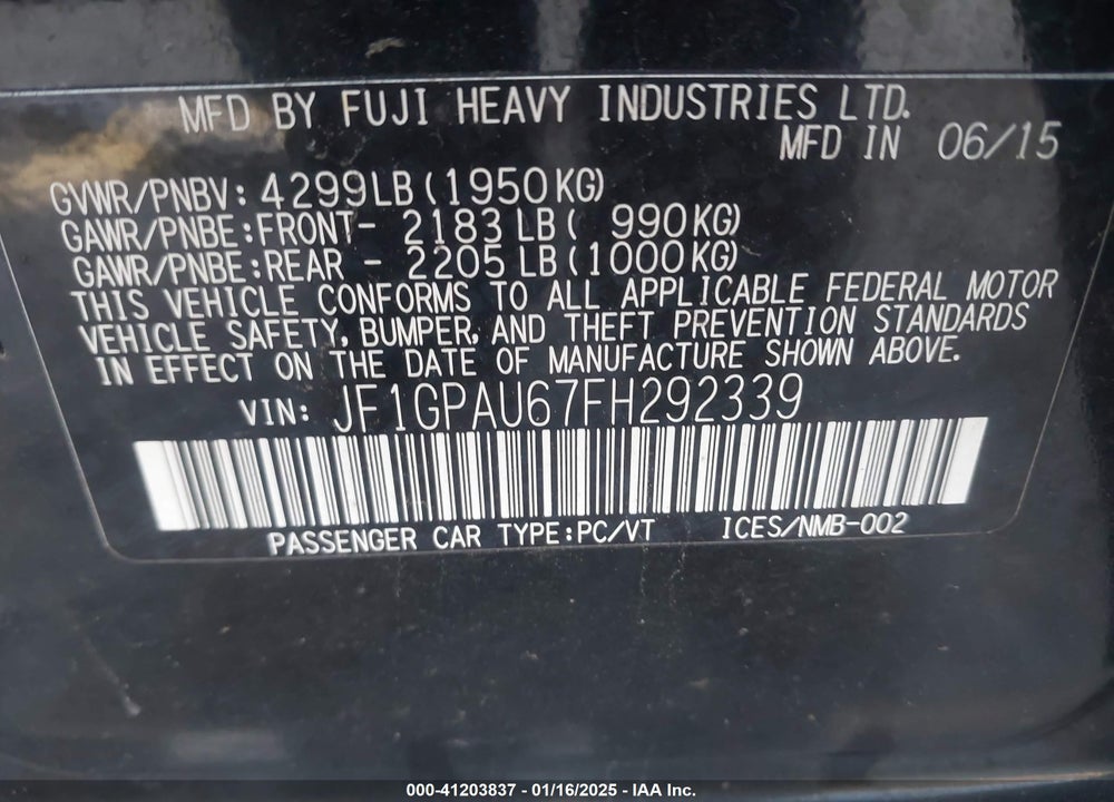 2015 SUBARU IMPREZA VIN: JF1GPAU67FH292339