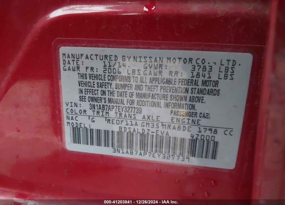 2014 NISSAN SENTRA SV VIN: 3N1AB7AP7EY327739
