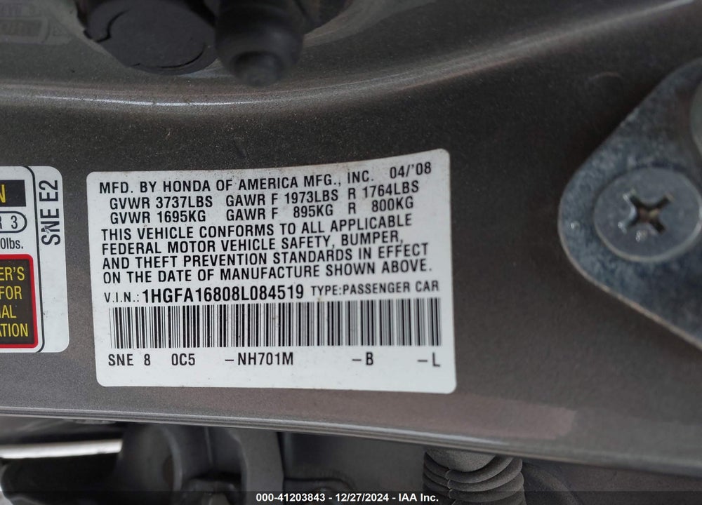 2008 HONDA CIVIC VIN: 1HGFA16808L084519