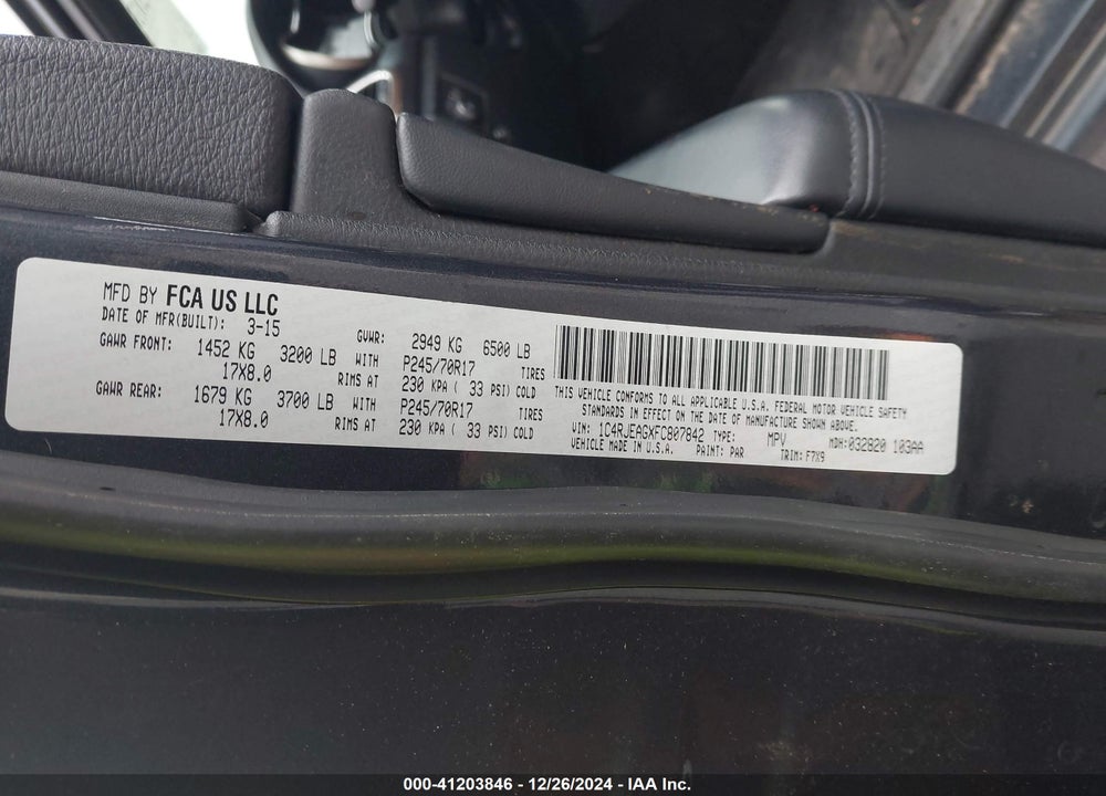 2015 JEEP GRAND CHEROKEE LAREDO VIN: 1C4RJEAGXFC807842