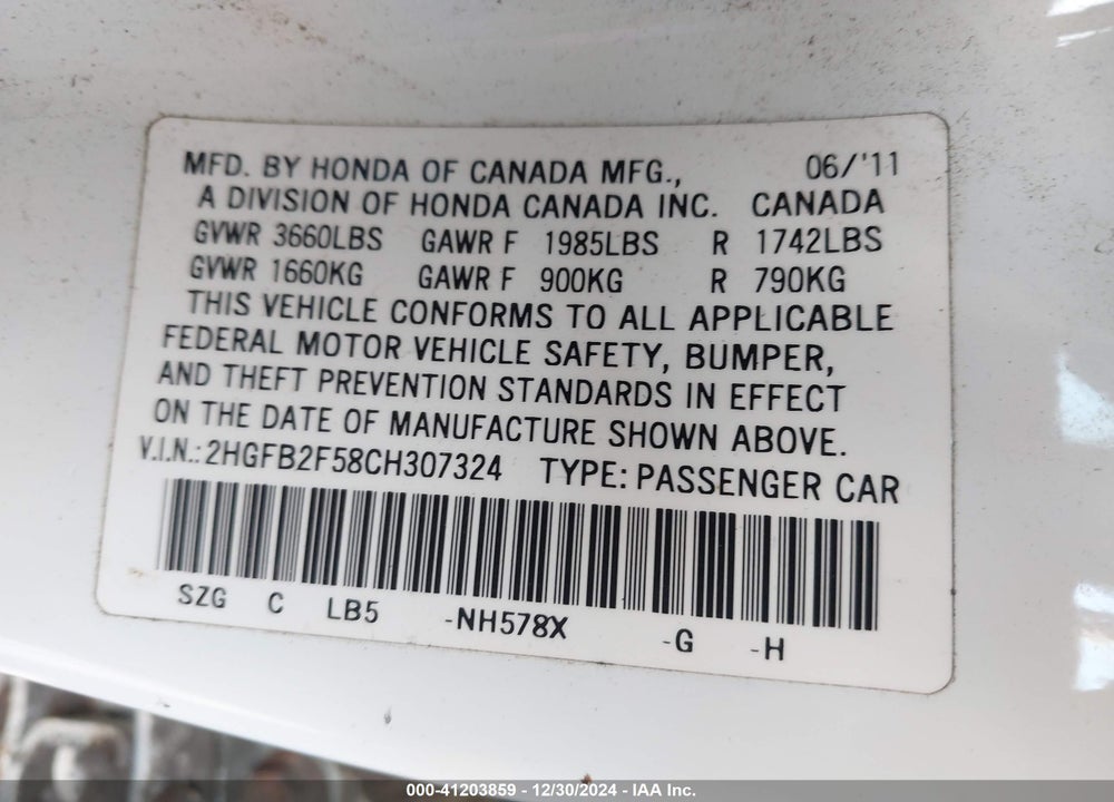 2012 HONDA CIVIC SDN VIN: 2HGFB2F58CH307324